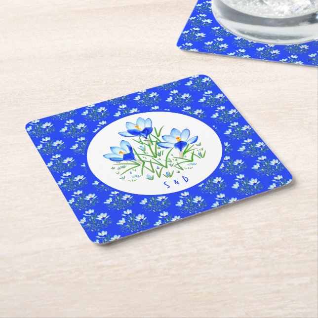 Posavasos Cuadrado De Papel Boda de crocus azules (En perspectiva)