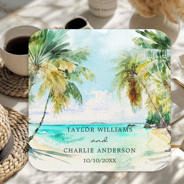 Posavasos Cuadrado De Papel Boda de destino de playa tropical (Subido por el creador)