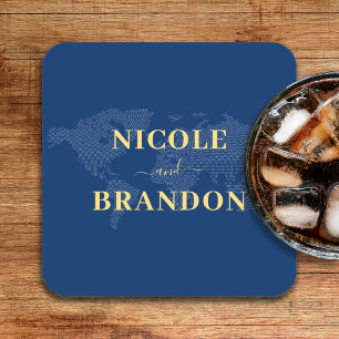 Posavasos Cuadrado De Papel Boda de destino del mapa del mundo azul