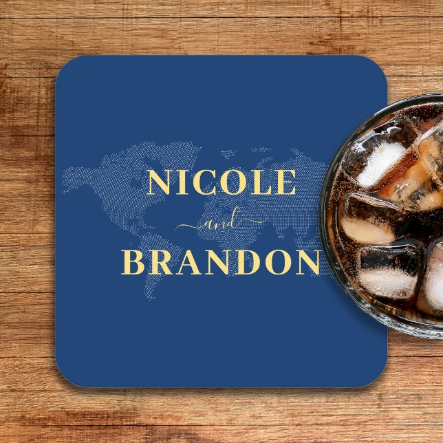 Posavasos Cuadrado De Papel Boda de destino del mapa del mundo azul (Blue World Map Destination Wedding Square Paper Coaster
)