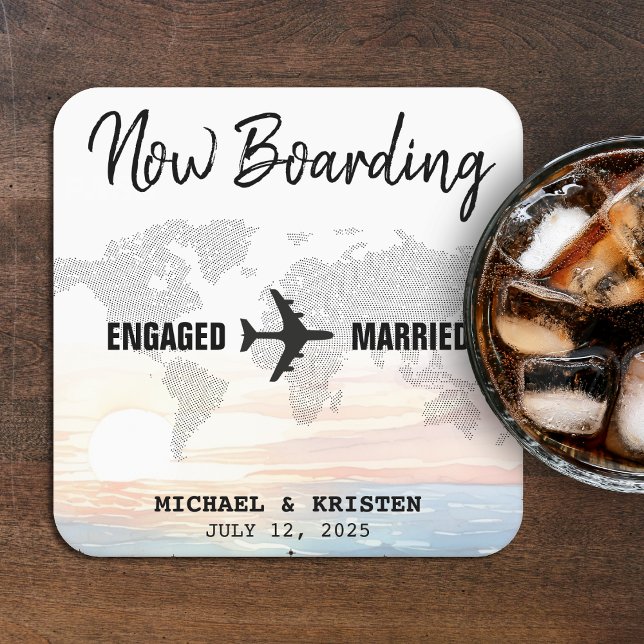 Posavasos Cuadrado De Papel Boda de destino Océano Atardecer de embarque (Boarding Pass Ocean Sunset Destination Wedding Square Paper Coaster
)