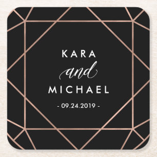 Posavasos Cuadrado De Papel Boda de diamante geométrico moderno negro
