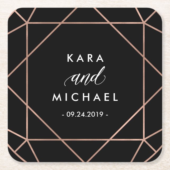 Posavasos Cuadrado De Papel Boda de diamante geométrico moderno negro (Anverso)