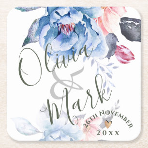 Posavasos Cuadrado De Papel Boda de escritura de color azul floral de color de