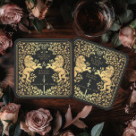 Posavasos Cuadrado De Papel Boda de espadas medievales del León Real Negro<br><div class="desc">¡Añade encanto real a tu escapada de mesa! Estos cascos de boda a medida presentan un majestuoso diseño de león y floral con sus nombres y monograma, todo de lujoso oro contra un fondo negro. Perfecto para una festividad medieval con elegancia intemporal. El oro que aparece en este artículo NO...</div>