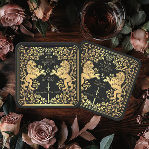 Posavasos Cuadrado De Papel Boda de espadas medievales del León Real Negro