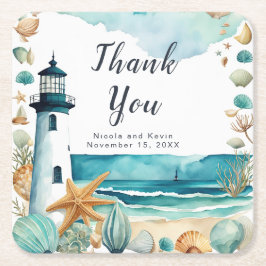 Posavasos Cuadrado De Papel Boda de faro náutico