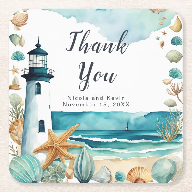 Posavasos Cuadrado De Papel Boda de faro náutico (Anverso)