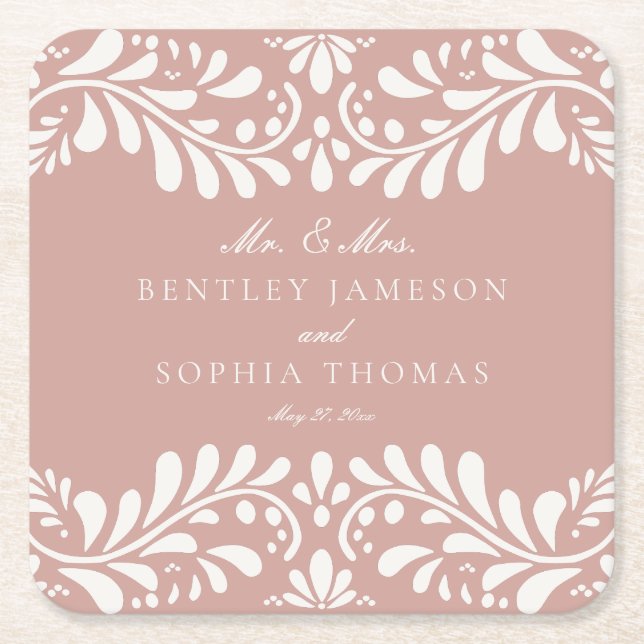 Posavasos Cuadrado De Papel Boda de Fiesta de Estilo Español de Talavera Rosa (Anverso)