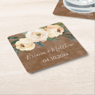 Posavasos Cuadrado De Papel Boda de Floral Beige Brown