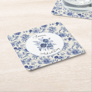 Posavasos Cuadrado De Papel Boda de flores azules bonitas