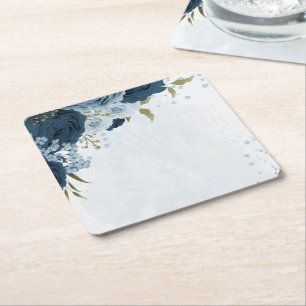 Posavasos Cuadrado De Papel boda de flores azules marino azul claro