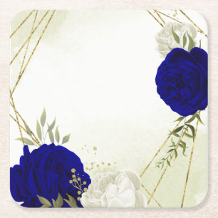 Posavasos Cuadrado De Papel boda de flores blancas y azul real con vegetación