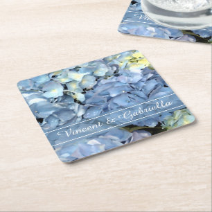 Posavasos Cuadrado De Papel Boda de flores de hidrangea azul