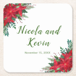Posavasos Cuadrado De Papel Boda de flores de la poinsettia roja de los navida