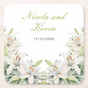 Posavasos Cuadrado De Papel Boda de Flores de Lirio Blanco