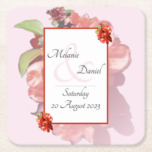 Posavasos Cuadrado De Papel Boda de flores de quinceañera roja y rosa