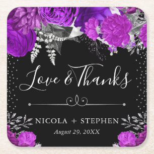 Posavasos Cuadrado De Papel Boda de flores moradas y plateadas con acuarela