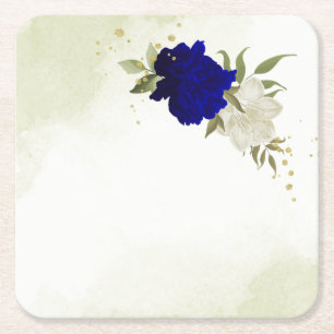 Posavasos Cuadrado De Papel boda de flores reales azules y blancas