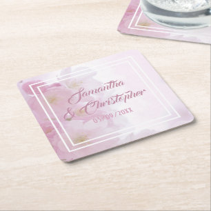 Posavasos Cuadrado De Papel Boda de flores rosadas