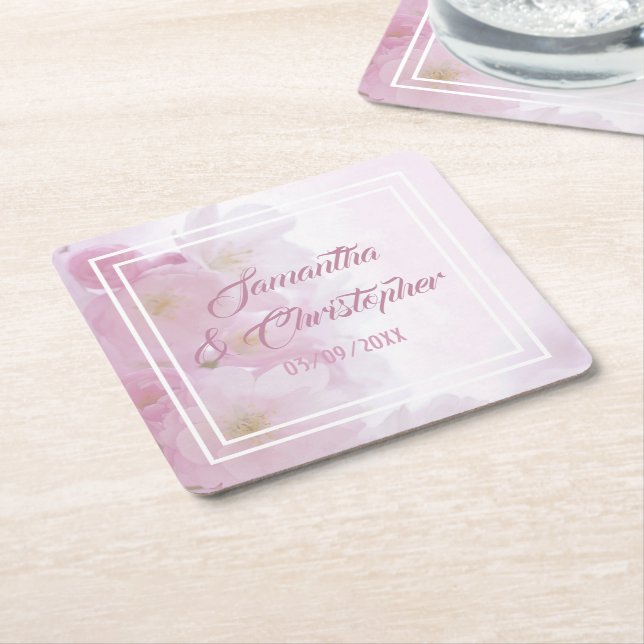 Posavasos Cuadrado De Papel Boda de flores rosadas (En perspectiva)