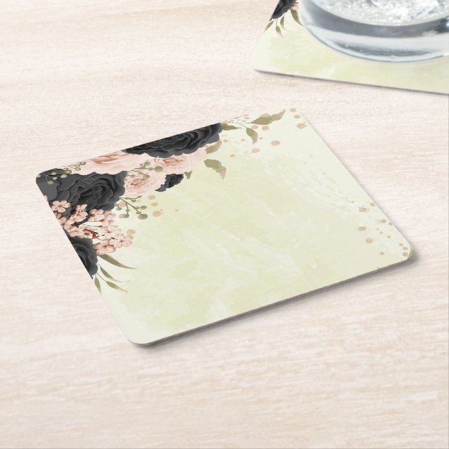 Posavasos Cuadrado De Papel boda de flores rosadas negras (En perspectiva)