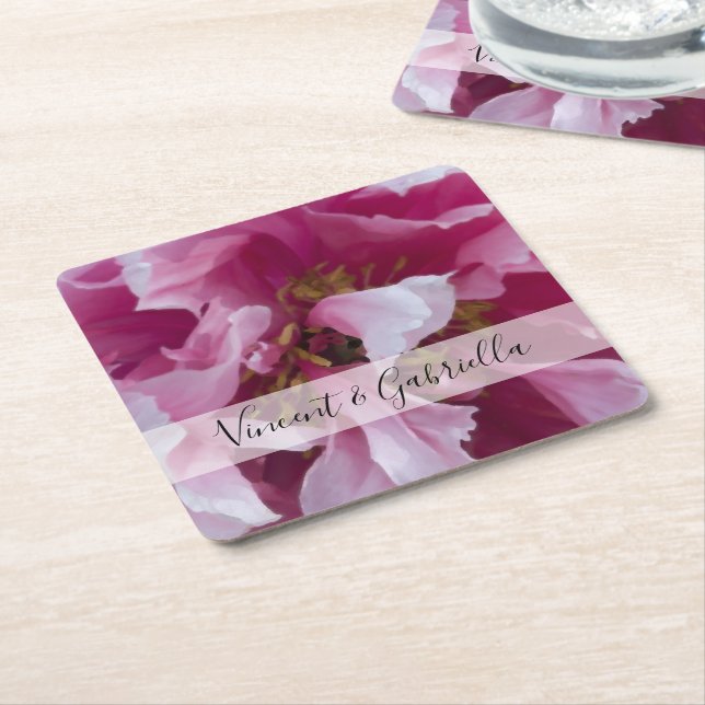 Posavasos Cuadrado De Papel Boda de flores rosadas Peony (En perspectiva)
