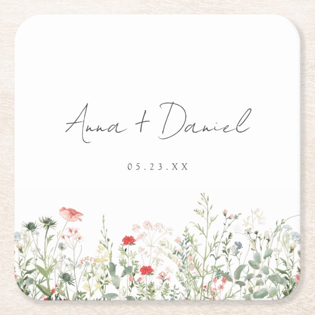 Posavasos Cuadrado De Papel Boda de flores silvestres (Anverso)