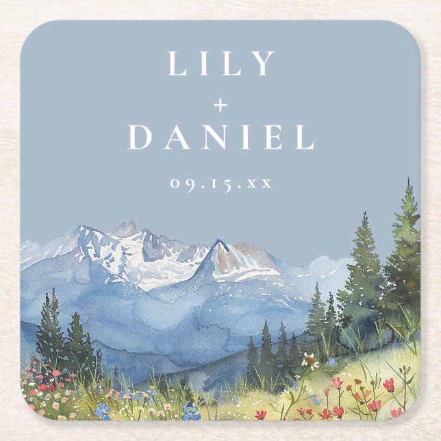 Posavasos Cuadrado De Papel Boda de flores silvestres de montaña en acuarela a (Anverso)