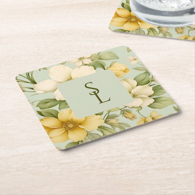 Posavasos Cuadrado De Papel Boda de flores verde y beige suave (En perspectiva)