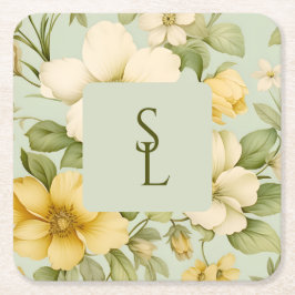 Posavasos Cuadrado De Papel Boda de flores verde y beige suave