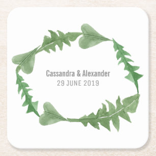Posavasos Cuadrado De Papel Boda de follaje de color de agua verde