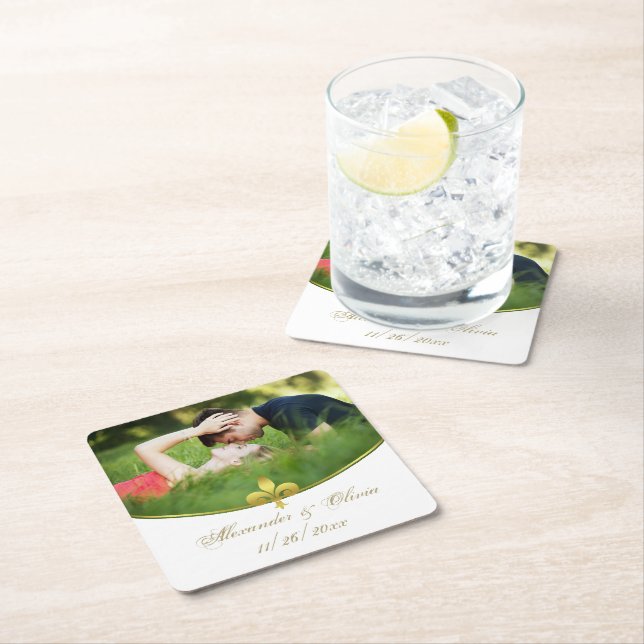 Posavasos Cuadrado De Papel Boda de fotografías Golden Fleur de Lis (In situ)