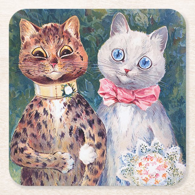 Posavasos Cuadrado De Papel Boda de gatos, matrimonio, novia, Louis Wain (Anverso)