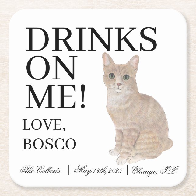 Posavasos Cuadrado De Papel Boda de gatos Tabby Naranja personalizado (Anverso)