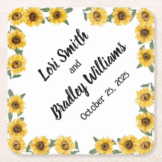 Posavasos Cuadrado De Papel Boda de girasol (Anverso)