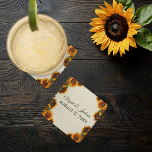 Posavasos Cuadrado De Papel Boda de girasol Forest Green Rustic