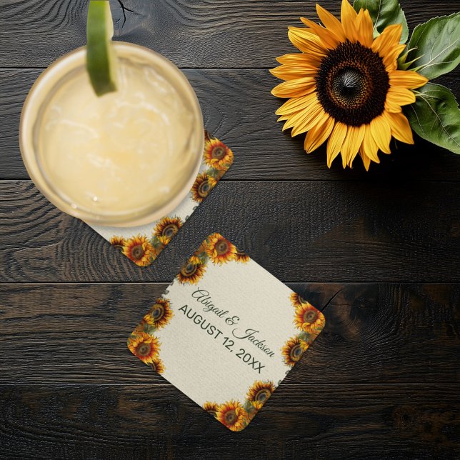 Posavasos Cuadrado De Papel Boda de girasol Forest Green Rustic (Subido por el creador)