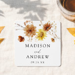 Posavasos Cuadrado De Papel Boda de girasoles y flores silvestres de otoño rús<br><div class="desc">Añada un toque de encanto a su recepción de bodas con nuestros rústicos caseros de papel boda de flores silvestres y girasoles otoñales. Con un ramo de girasoles acuáticos pintados a mano, flores silvestres y una vibrante vegetación otoñal en la parte superior, estas galerías capturan con gusto la esencia de...</div>