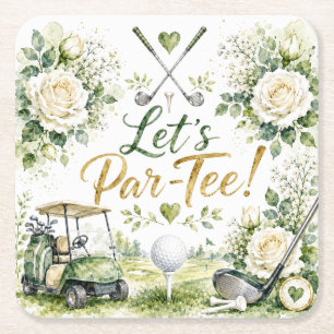 Posavasos Cuadrado De Papel Boda de Golf Floral Vamos al Par