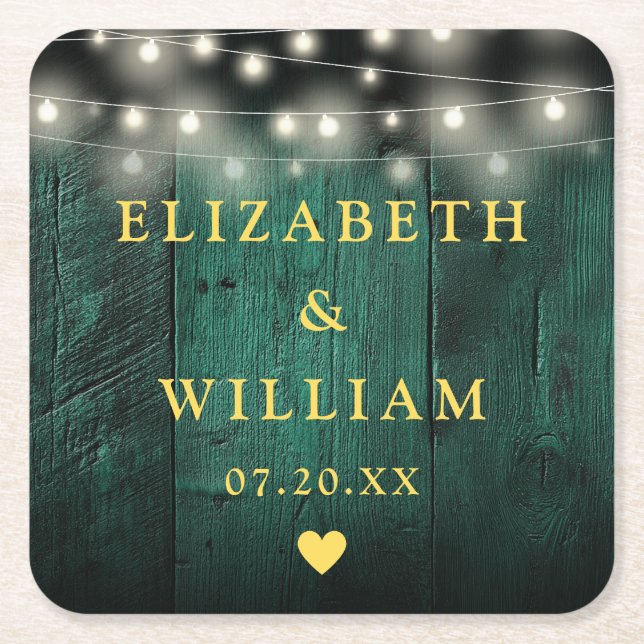 Posavasos Cuadrado De Papel Boda de Green Rustic Wood Boho Barn String Luces (Anverso)