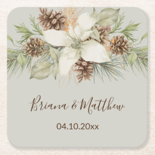 Posavasos Cuadrado De Papel Boda De Guión Elegante De Invierno Beige