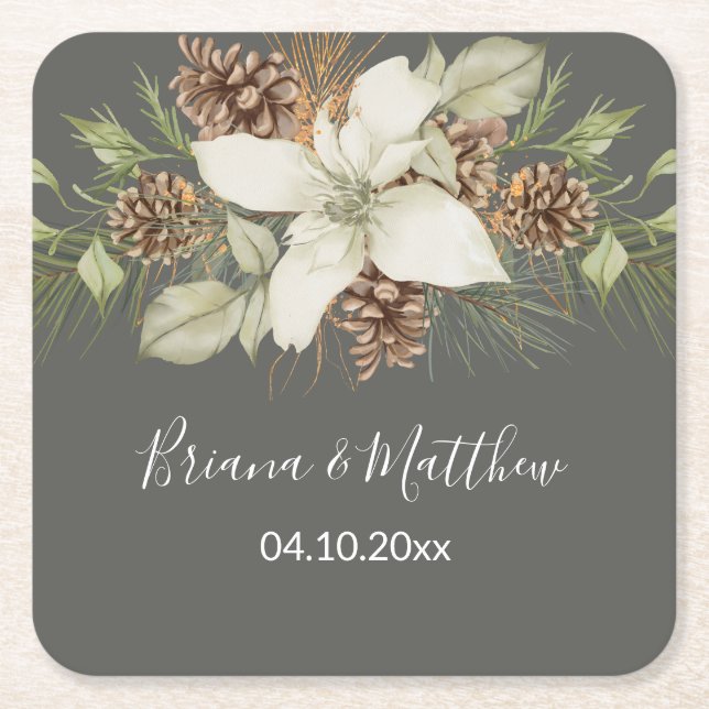 Posavasos Cuadrado De Papel Boda De Guión Gris Elegante De Invierno (Anverso)