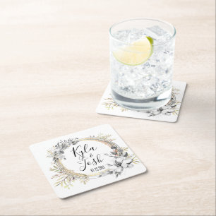 Posavasos Cuadrado De Papel Boda de guirnaldas florales de acuarela personaliz