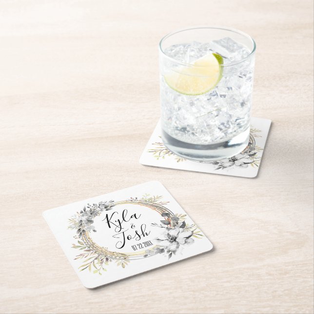 Posavasos Cuadrado De Papel Boda de guirnaldas florales de acuarela personaliz (In situ)