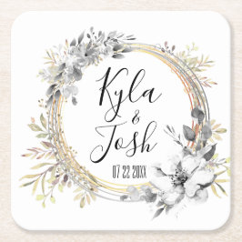 Posavasos Cuadrado De Papel Boda de guirnaldas florales de acuarela personaliz