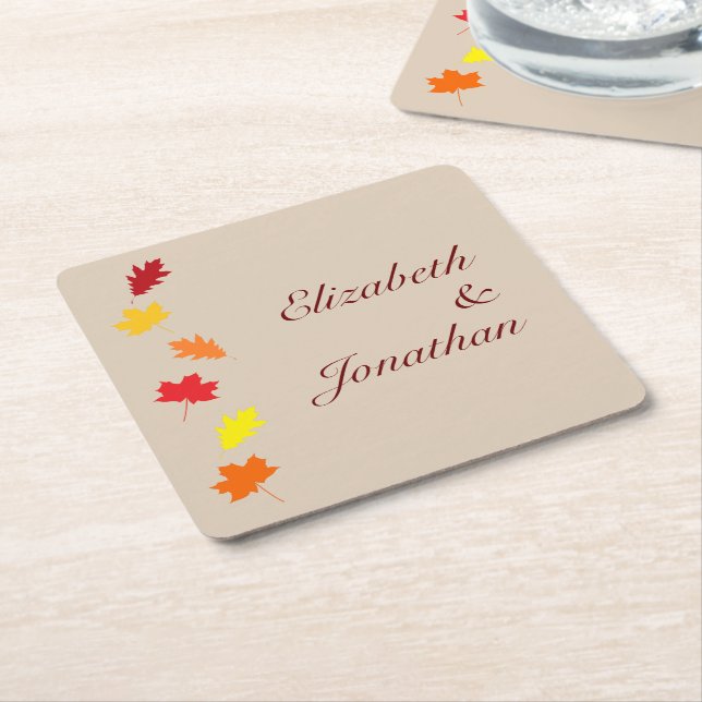 Posavasos Cuadrado De Papel Boda de hojas de otoño (En perspectiva)