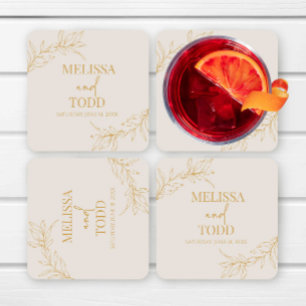 Posavasos Cuadrado De Papel Boda de hojas Minimalistas mínimas de rama de oro 