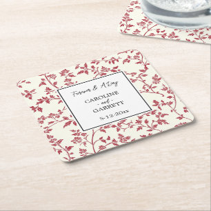 Posavasos Cuadrado De Papel Boda de Hojas Rojas Crema Romántica