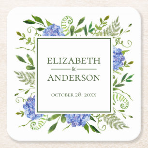 Posavasos Cuadrado De Papel Boda de Hortensias Azules